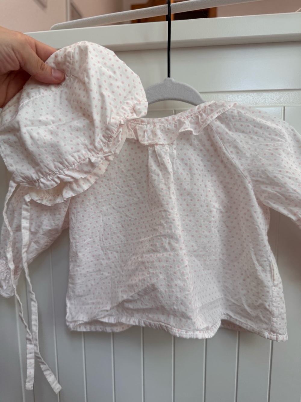Nano Light Pink Dot Baby Top with Matching Bonnet